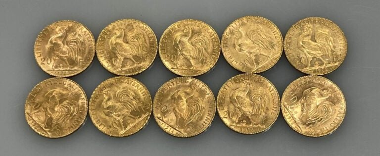 Ensemble comprenant 10 pièces de 20 francs or (900‰) de type "Marianne-Coq" - 2…