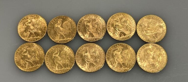 Ensemble comprenant 10 pièces de 20 francs or (900‰) de type "Marianne-Coq" - 2…