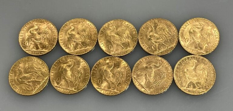 Ensemble comprenant 10 pièces de 20 francs or (900‰) de type "Marianne-Coq" - 3…