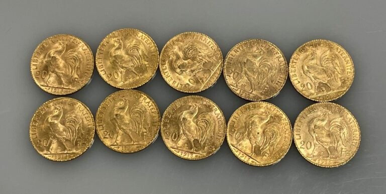 Ensemble comprenant 10 pièces de 20 francs or (900‰) de type "Marianne-Coq" - 6…