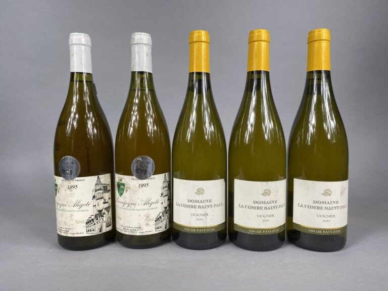 Ensemble de cinq bouteilles comprenant : - - Bourgogne Aligoté, deux bouteilles…