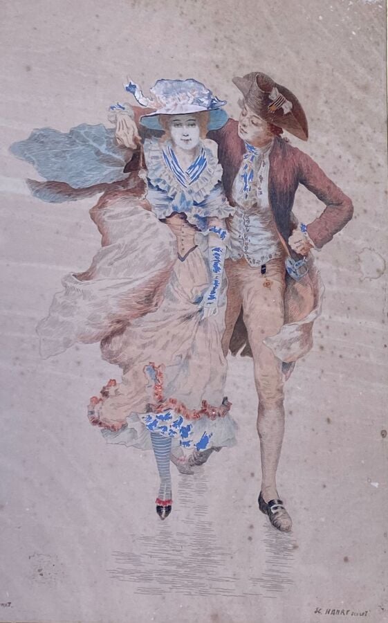 Ensemble de cinq pièces encadrées, composé d'une fillette tenant des fleurs, d'…