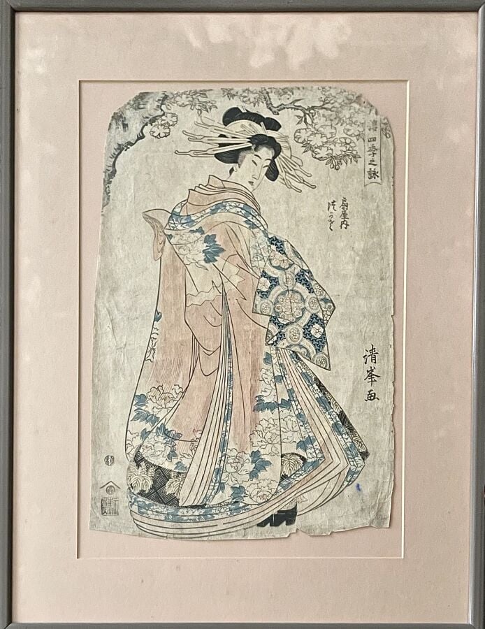 Ensemble de huit estampes dont sept représentant des acteurs de kabuki, oiran a…