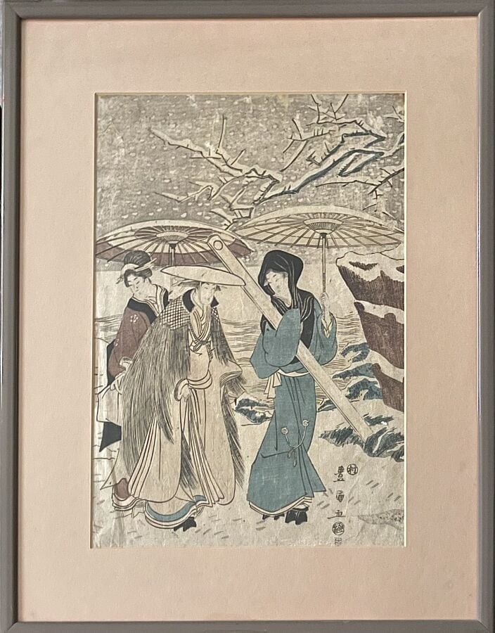 Ensemble de huit estampes dont sept représentant des acteurs de kabuki, oiran a…