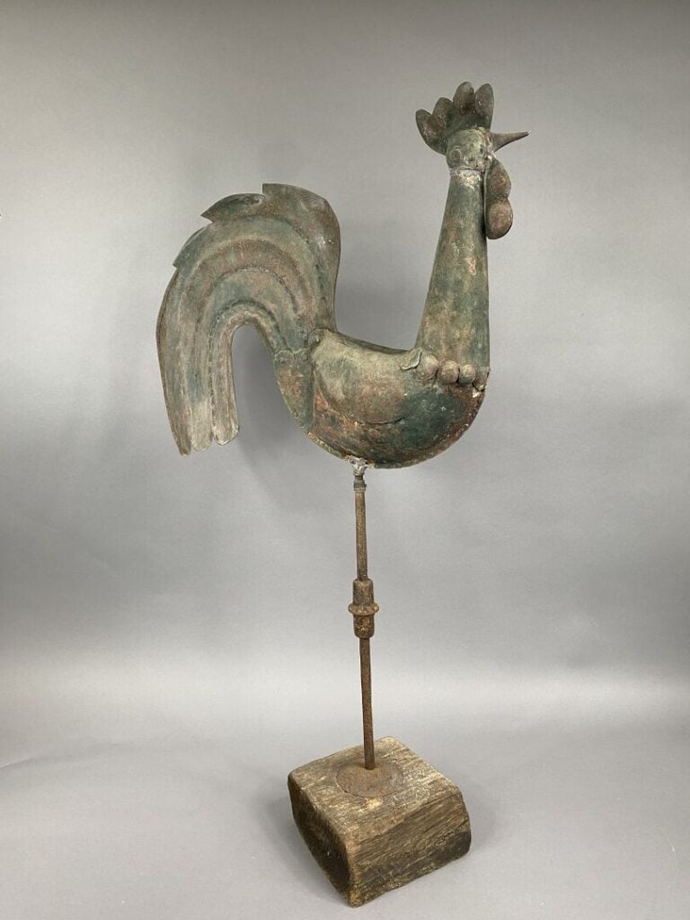 Epi de faîtage en métal patiné représentant un coq - H : 77 cm