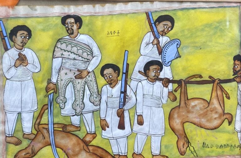 Ethiopie - Deux peintures sur papier représentant des scènes de chasse et de co…