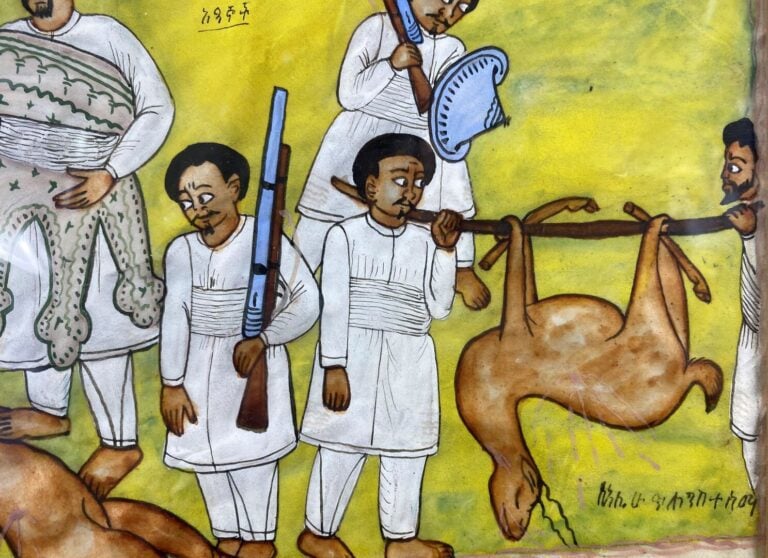 Ethiopie - Deux peintures sur papier représentant des scènes de chasse et de co…
