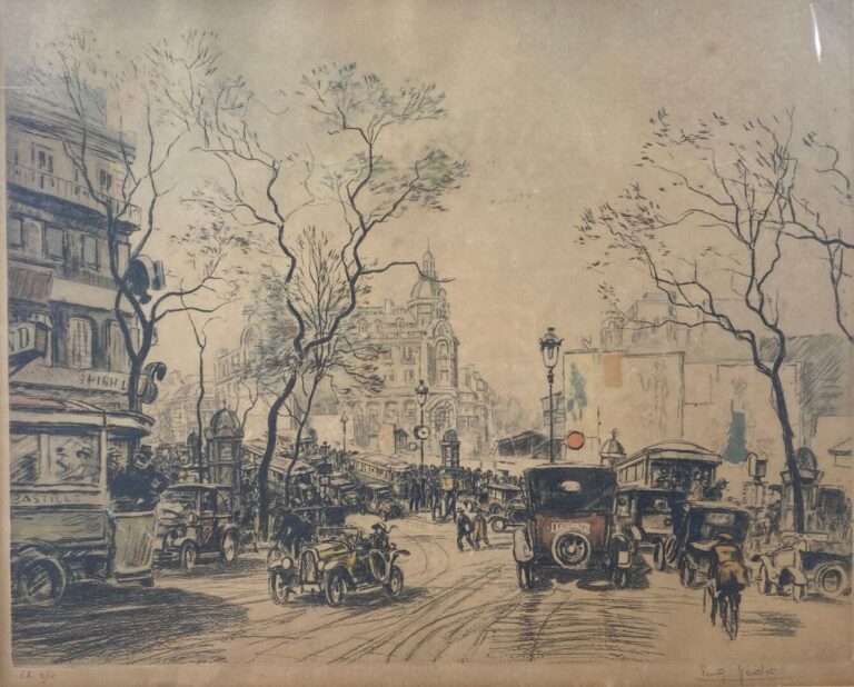 Eugène VEDER (1876-1936) - Grands Boulevards à Paris - Eau-forte rehaussée (?)…
