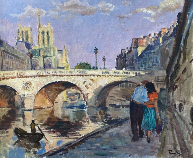 Henri- Jean PONTOY (1888-1968) - Couple sur les quais de Seine - Huile sur toil…