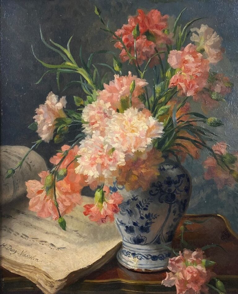Hortense DURY-VASSELON (1860-1924) - Nature morte au vase de fleurs et partitio…