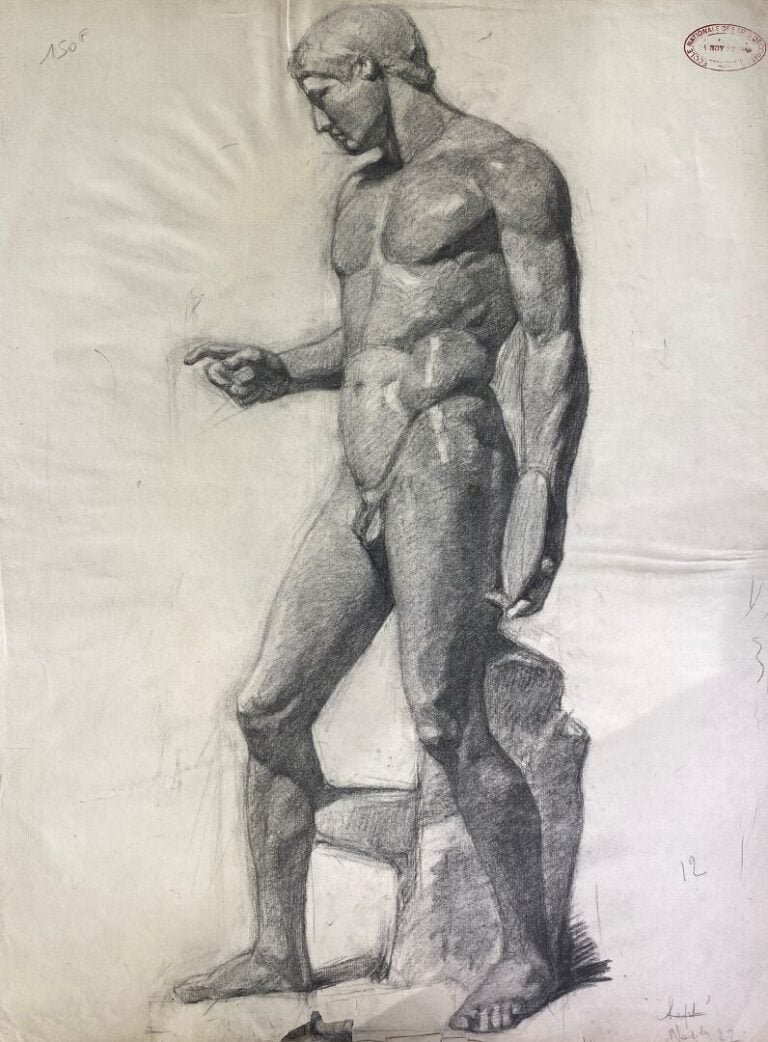 Important lot de dessins au fusain sur papier représentant des académie d'homme…