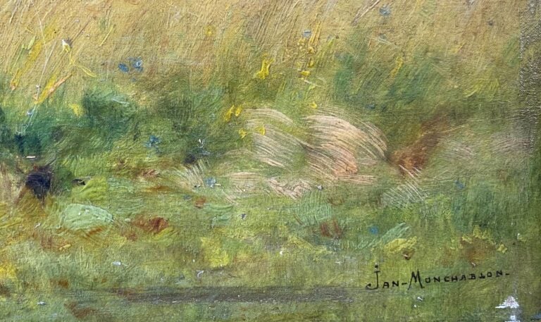 Jan MONCHABLON (1855-1904) - Vue de village à travers les champs - Huile sur to…