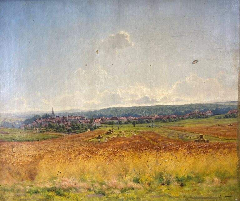 Jan MONCHABLON (1855-1904) - Vue de village à travers les champs - Huile sur to…