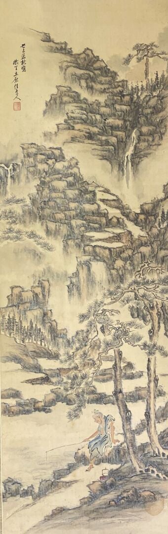 Japon - XXe siècle - Peinture sur papier, montée en kakemono représentant un pê…