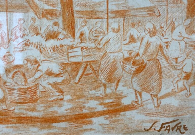 Jean FAVRE (1921-2000) - Scène de marché - Crayon de couleur sur papier - Signé…