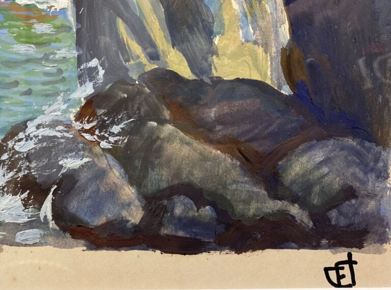 Jean FAVRE (1921-2000) - Vue de bord de mer, rochers - Gouache sur papier - Mon…