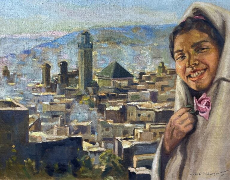 José M. BURGO (XXe) - Jeune fille à la rose - Huile sur toile - Signée et datée…