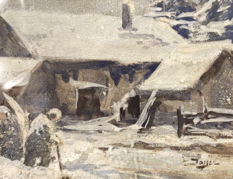 Léon JAYEZ (1878-1957) - Maison sous la neige - Gouache sur papier - Signé en b…