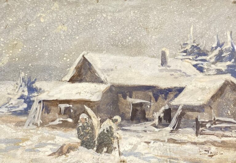 Léon JAYEZ (1878-1957) - Maison sous la neige - Gouache sur papier - Signé en b…