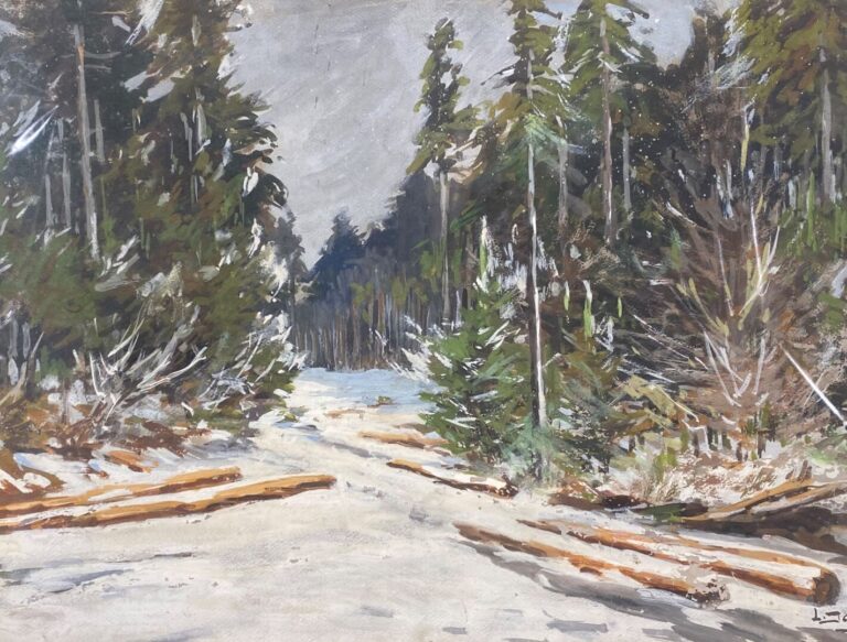 Léon JAYEZ (1878-1957) - Paysage de forêt enneigé - Gouache sur papier - Signé…