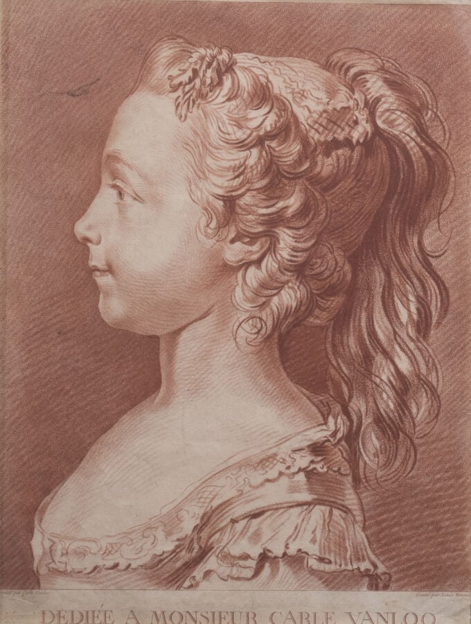 Lot de Gravures à la façon sanguine comprenant : d'après Carl VAN LOO. Profil d…