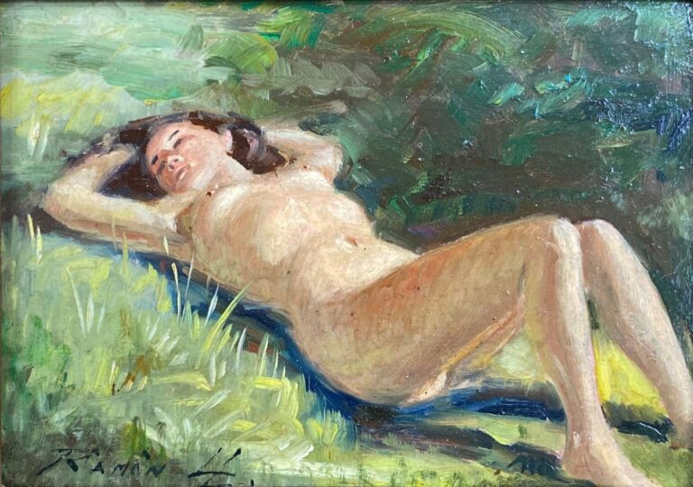 Luis RAMON (XXe) - Femme nue allongée - Huile sur isorel - Signé en bas à gauch…