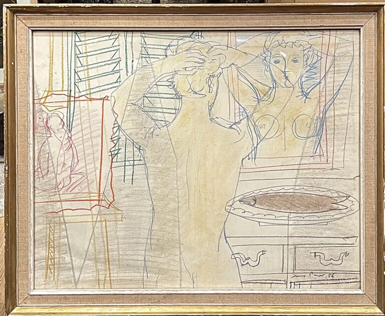 Max PAPART (1911-1994) - Devant le miroir, 1956 - Crayon de couleurs et estompe…