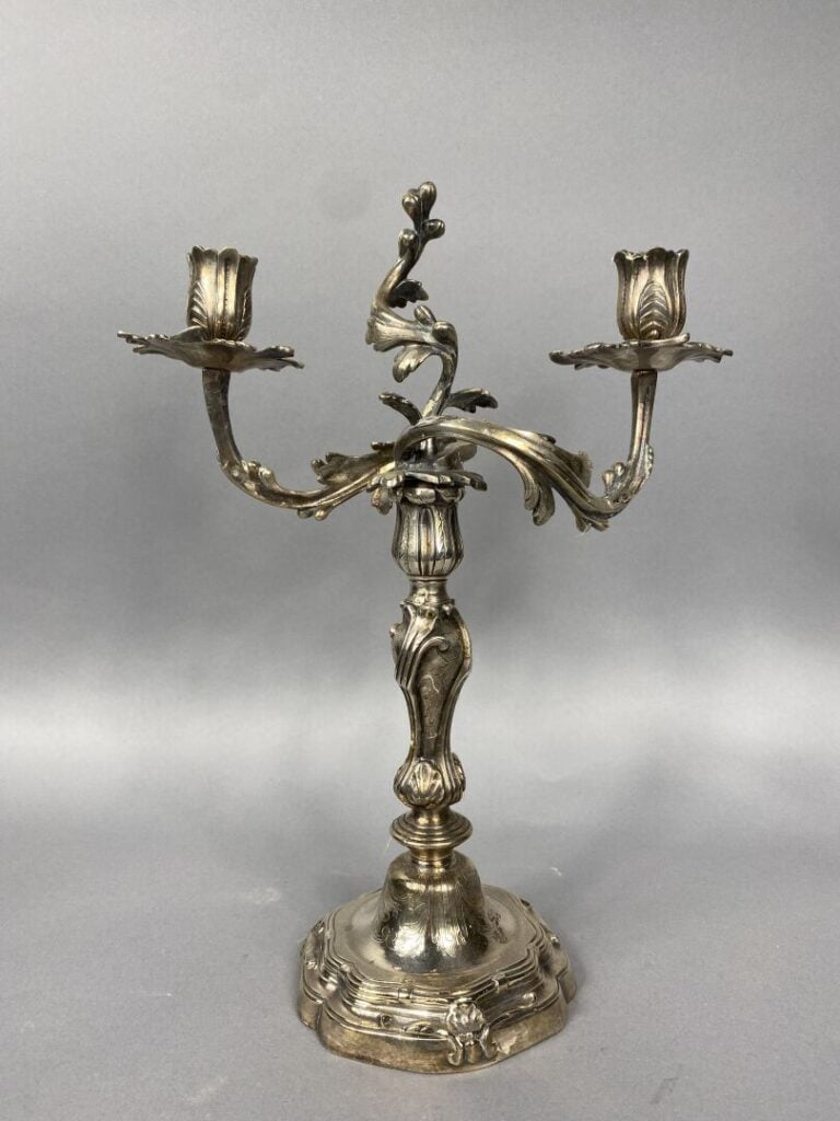 Paire de chandeliers en bronze argenté à deux bras de lumière mouvementés ornés…