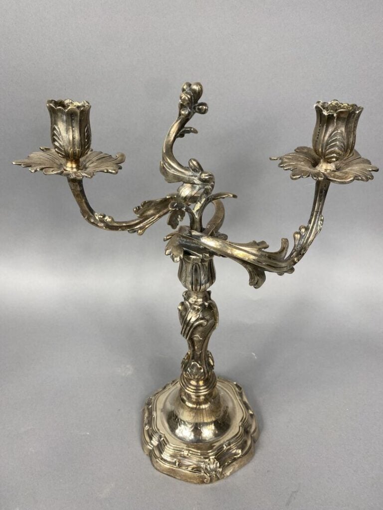 Paire de chandeliers en bronze argenté à deux bras de lumière mouvementés ornés…