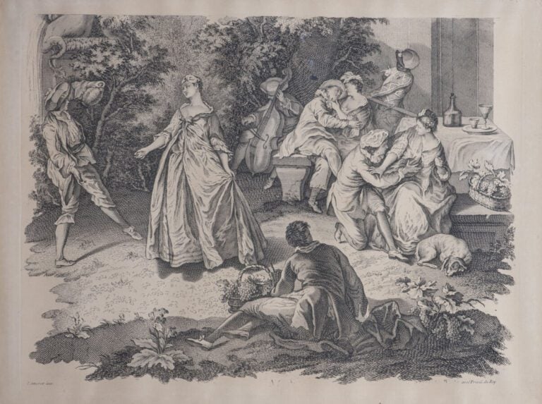 Paire de gravures en noir d'après LANCRET. Scènes galantes dans un parc.44 x 60…