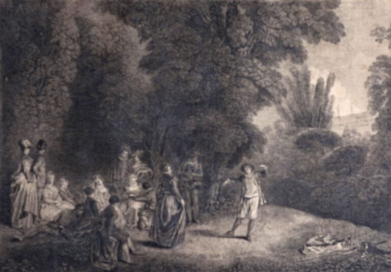 Paire de gravures en noir d'après LANCRET. Scènes galantes dans un parc.44 x 60…