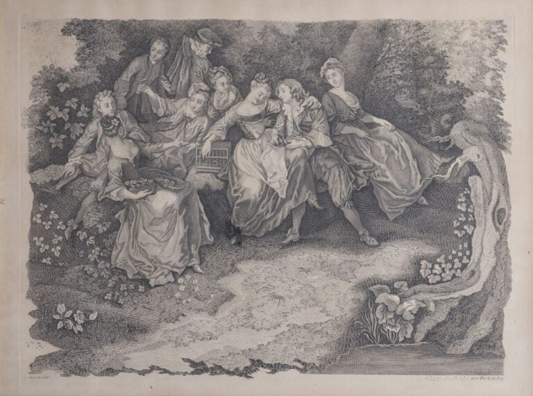 Paire de gravures en noir d'après LANCRET. Scènes galantes dans un parc.44 x 60…