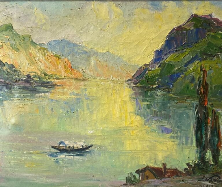 Paul NERI (1910-1965) - Barque sur un fleuve dans un paysage montagneux - Huile…