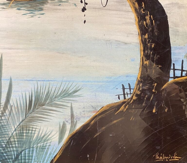 PHAT MINH - Panneau en bois laqué dans les tons bleu figurant un village de pêc…