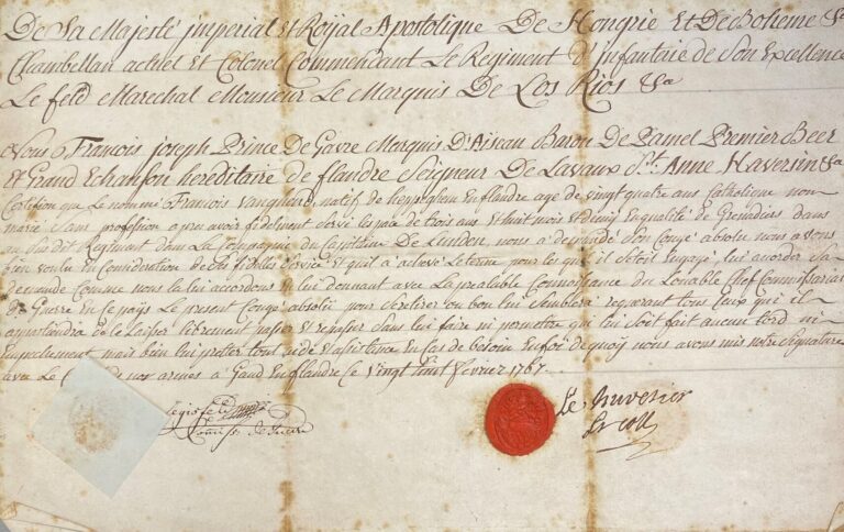 Pièce manuscrite, 34 x 20 cm, signée Linden Major : - Congé Absolu pour Guillau…