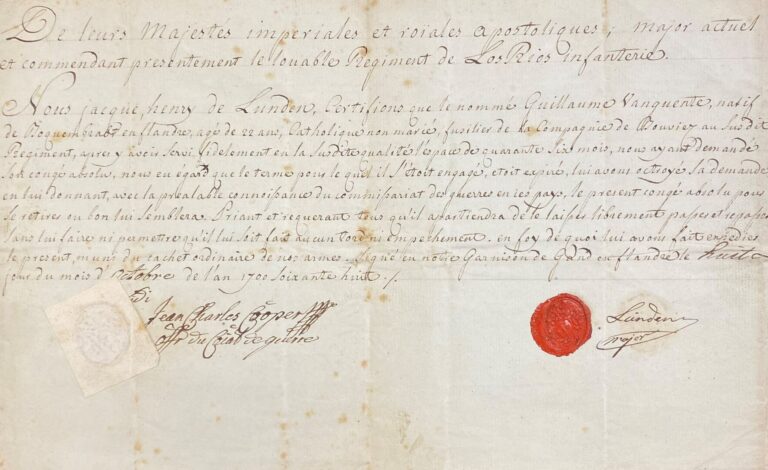 Pièce manuscrite, 34 x 20 cm, signée Linden Major : - Congé Absolu pour Guillau…