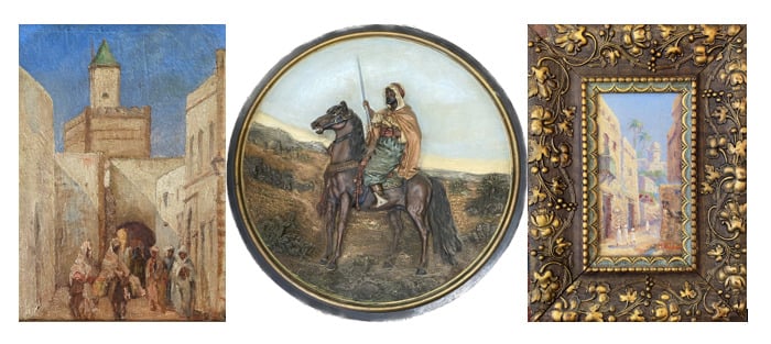 Plat en céramique polychrome à décor de cavalier arabe - On joint deux petites…