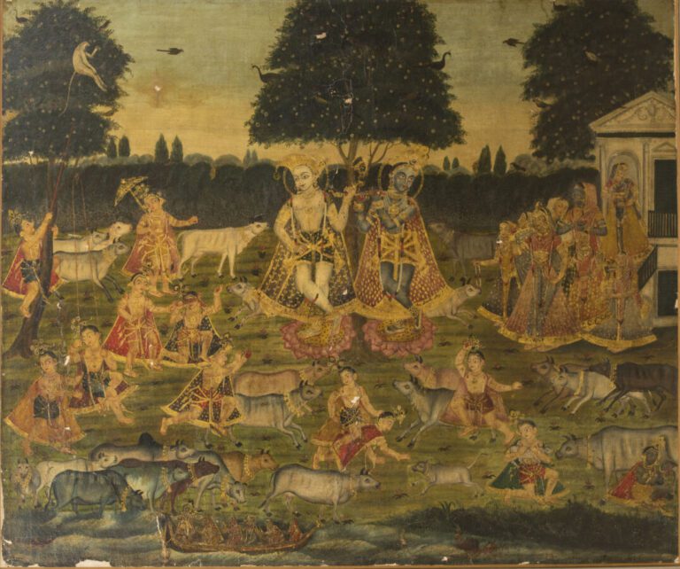 Rare peinture sur toile représentant Krishna Venugopala et Sudama - Huile sur t…
