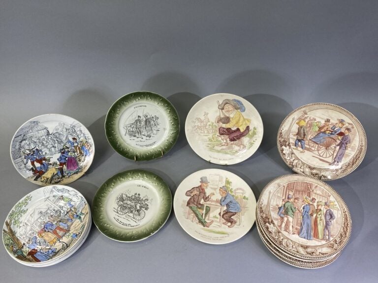 ROUEN, GIEN, SARREGUEMINES, etc - Lot d'assiettes en faïence à décor imprimé di…