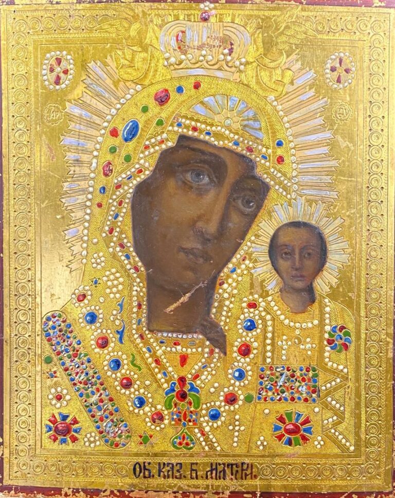 RUSSIE - Icône de la Mère de Dieu de Kasan - Peinture sur bois, fond d'or rehau…