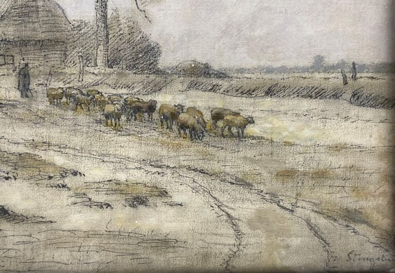STENGELIN (fin du - Berger et son troupeau de moutons - Fusain, crayons de coul…