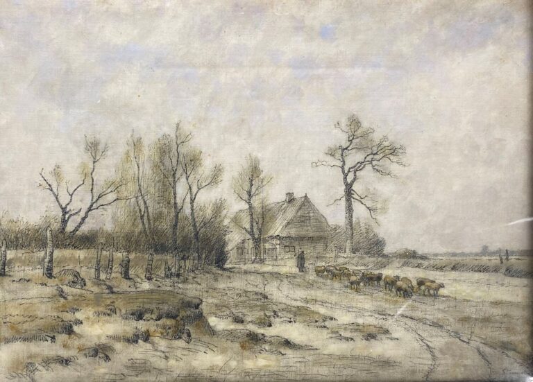 STENGELIN (fin du - Berger et son troupeau de moutons - Fusain, crayons de coul…