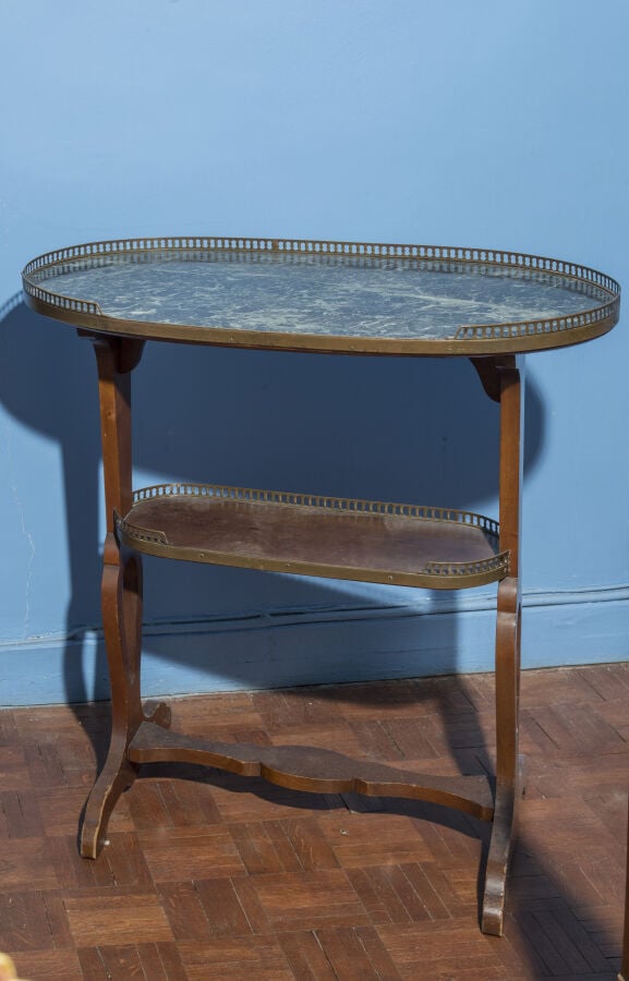 Table à plateau ovale en acajou. Dessus de marbre vert encastré à galerie Pieds…