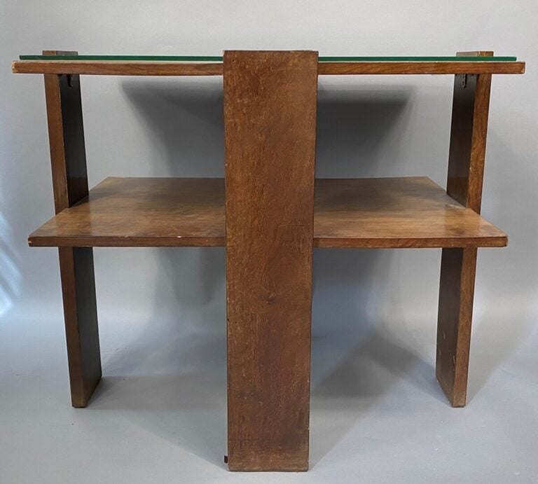 Table rectangulaire en bois naturel à deux plateaux, montants droits - 62 x 70…