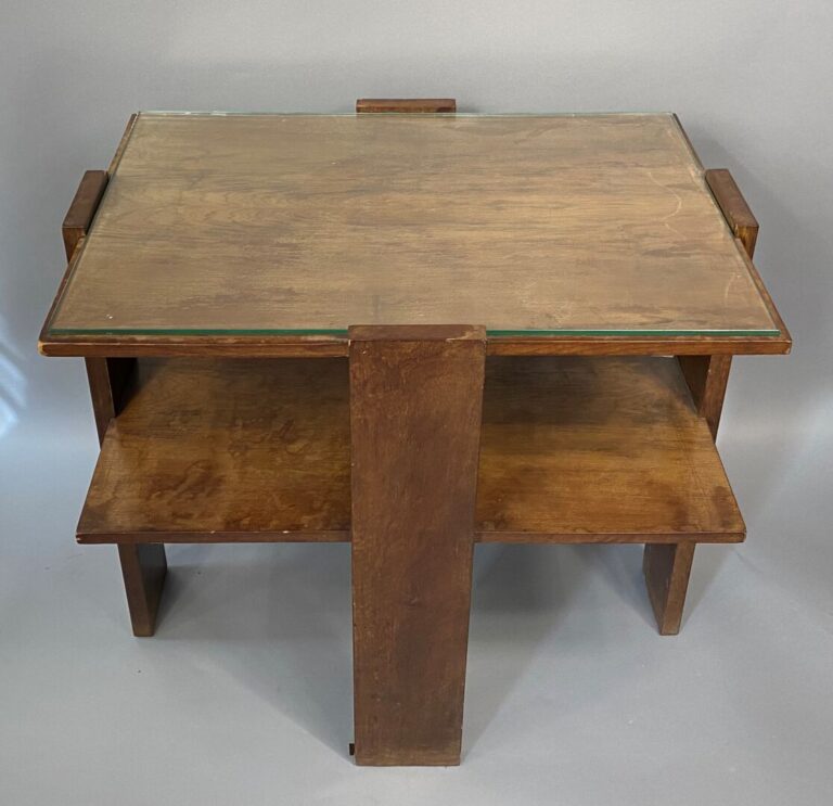 Table rectangulaire en bois naturel à deux plateaux, montants droits - 62 x 70…