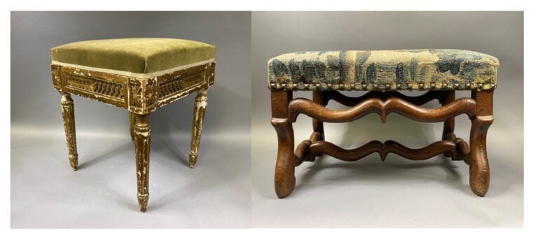 Tabouret en bois mouluré et sculpté redoré, la ceinture ajourée d'une frise et…