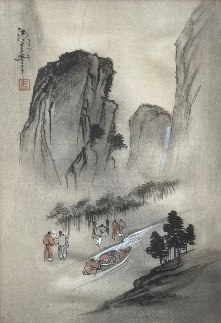 Vietnam / Chine - Ensemble de deux peintures sur soie représentant des cavalier…