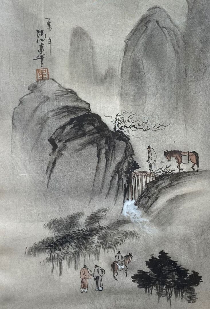 Vietnam / Chine - Ensemble de deux peintures sur soie représentant des cavalier…
