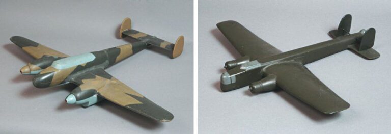 (1 à 11) 1 Messerschmitt 110 : bois peint, L 62 x E 75 cm 4 maquettes d'environ 40 cm de long : Liberator, Armstrong Withworth, Constellation, Hermes, DC3 17 Maquettes d'environ 25 cm de long : 1 Venom, Do 18, Heinkel 111 Handley Pag