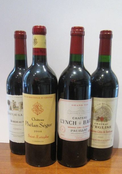 1 bt Ch l'Eglise 2002, 1 bt ch La Paz 2002, 1 bt ch Lynch Bages 2001, 1 bt ch Phélan Ségur 2008